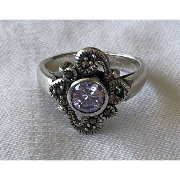 Vintage Amethyst 925 Sterling Silver Art Deco Style Marcasite Ring Size 5.75 - Picture 2 of 7